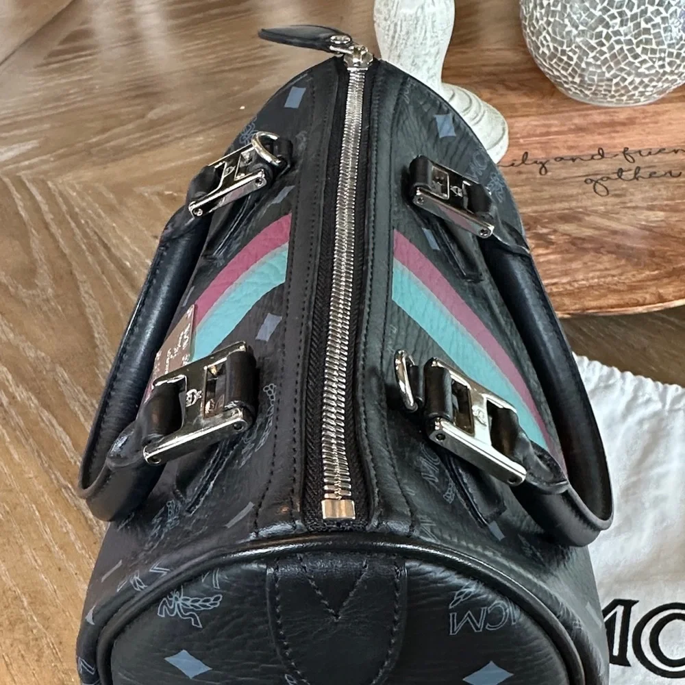 MCM Black Satchel with Pink and Teal Stripes - Picture 12 of 12